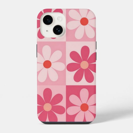 Retro Pink Daisy Checkerboard-Muster iPhone Hülle (Rückseite)