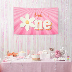 Retro Pink Daisy Erster Geburtstagsbanner Boho F Banner