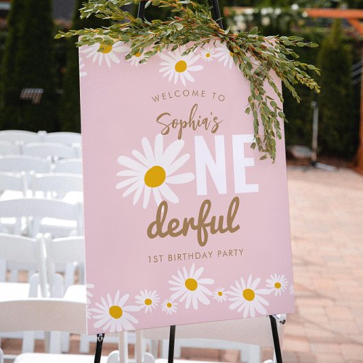 Retro Pink Daisy ONEderful 1. Geburtstag Party Poster