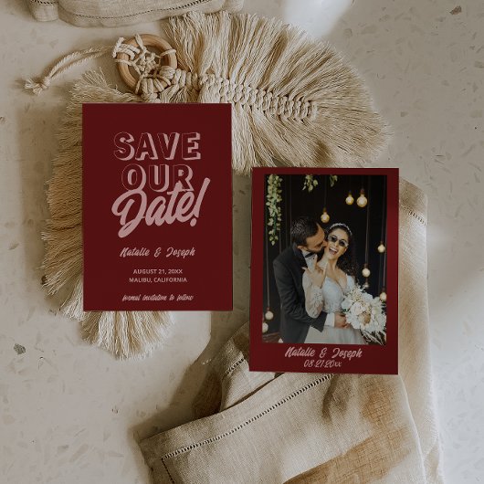 Retro Pink Deep Red Modern Unique Photo Wedding Save The Date