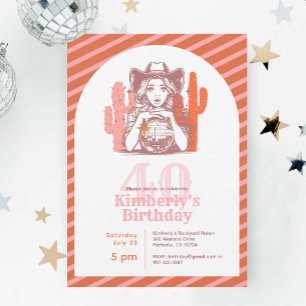 Retro-Pink-Disco-Kugel-Cowgirl-40.-Geburtstagsfeie Einladung