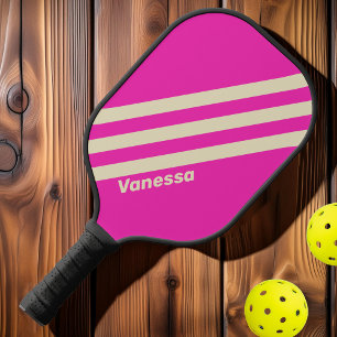 Retro Pink Drei Streifen mit Namen Pickleball Schläger