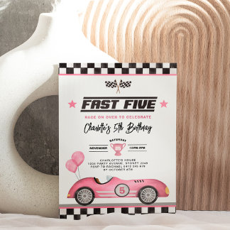 Retro Pink Fast Five Race Car Girl 5. Geburtstag Einladung