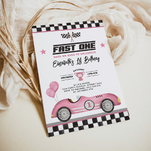 Retro Pink Fast One Race Car Girl 1. Geburtstag Einladung