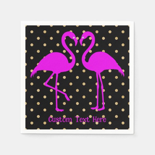 Retro Pink Flamingo Black Gold Polka Dot Muster Serviette (Vorderseite)