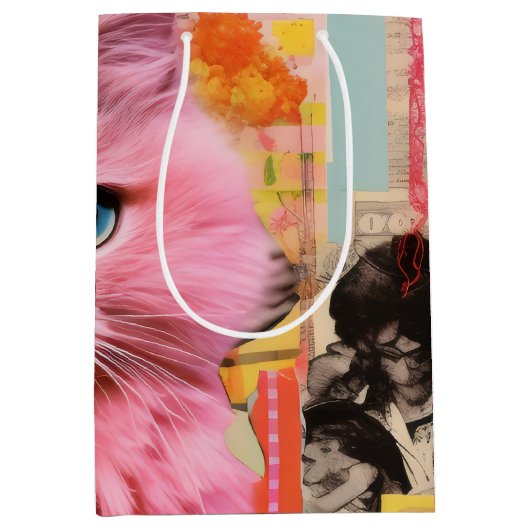 Retro Pink flauschige Katzenkollage Mittlere Geschenktüte (Vorderseite)