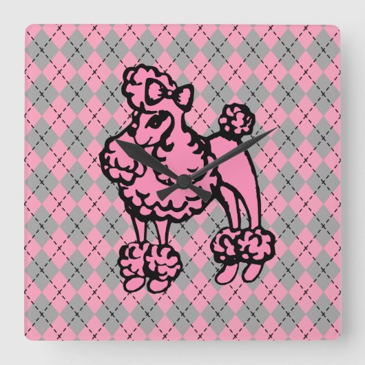 Retro Pink French Poodle Geschenk Quadratische Wanduhr (Vorderseite)