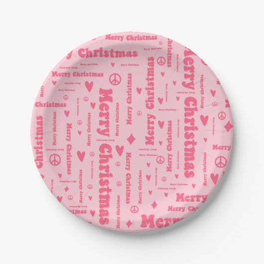 Retro Pink Frohe Weihnachten Frieden und Liebe Mus Pappteller (Vorderseite)