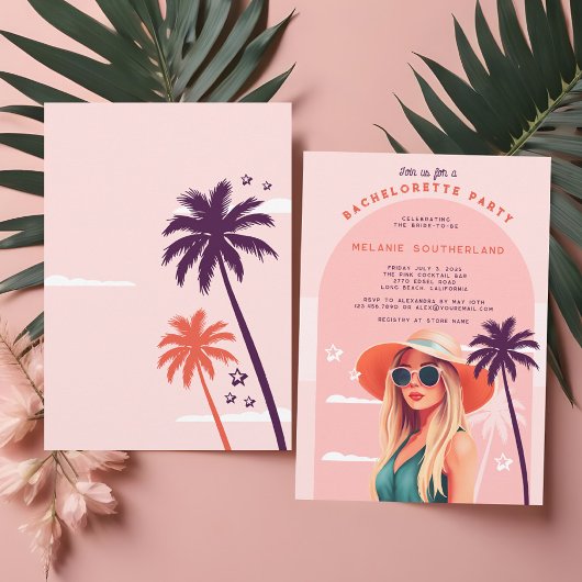 Retro Pink Girly Beach Junggeselinnen-Abschied Einladung