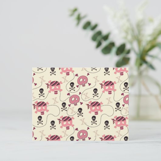 Retro Pink Girly Skull und Knochen Postkarte (Stehend Vorderseite)