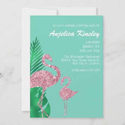 Retro Pink Glitzer Flamingo und Palm Blätter Einladung (Vorderseite)