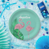 Retro Pink Glitzer Flamingo und Palm Blätter Pappteller (Party)