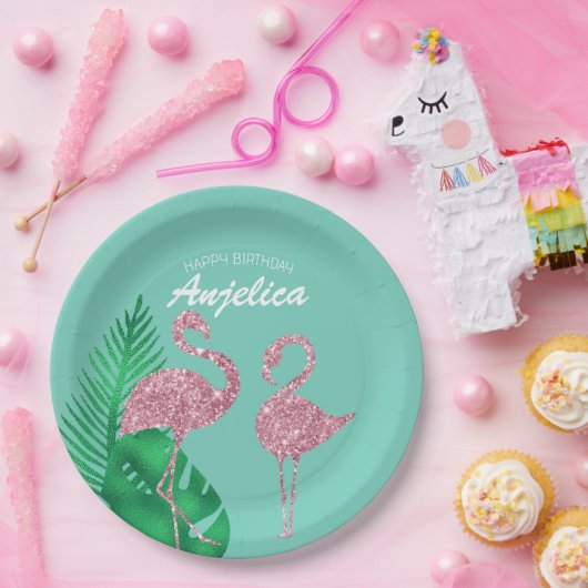 Retro Pink Glitzer Flamingo und Palm Blätter Pappteller (Party)