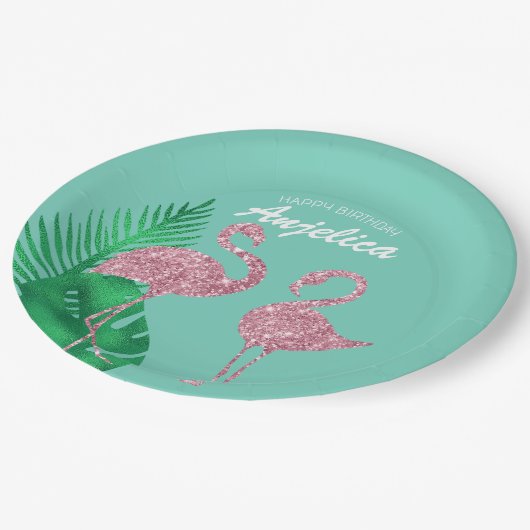 Retro Pink Glitzer Flamingo und Palm Blätter Pappteller (Schrägansicht)