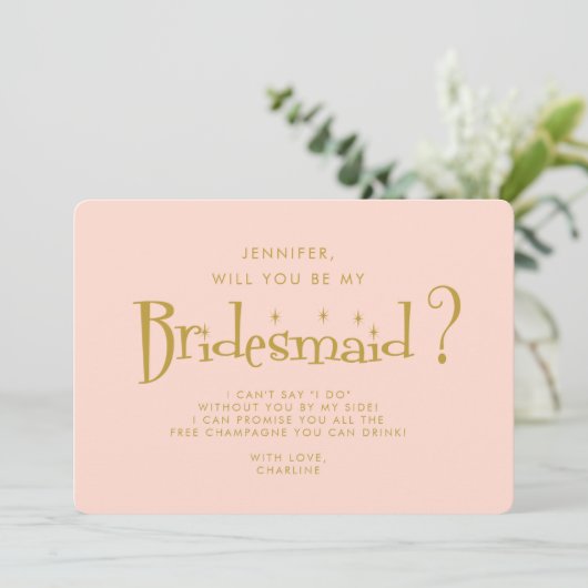 Retro Pink & Gold Handwriting Bridesmaid Proposal Einladung (Stehend Vorderseite)