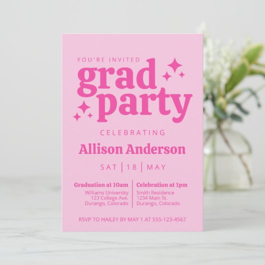 Retro Pink Graduation Party Einladung mit Foto (Stehend Vorderseite)