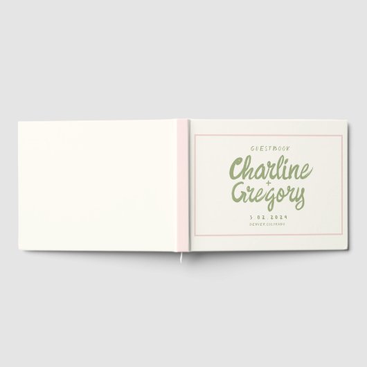 Retro Pink Green Handwriting Wedding Gästebuch (Voll)