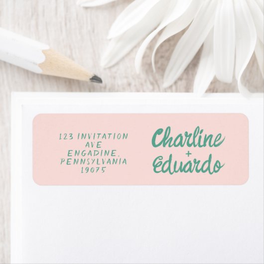 Retro Pink & Green Handwriting Wedding Label (Insitu)
