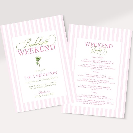 Retro Pink Green Palm Beach Bachelorette Itinerary Einladung