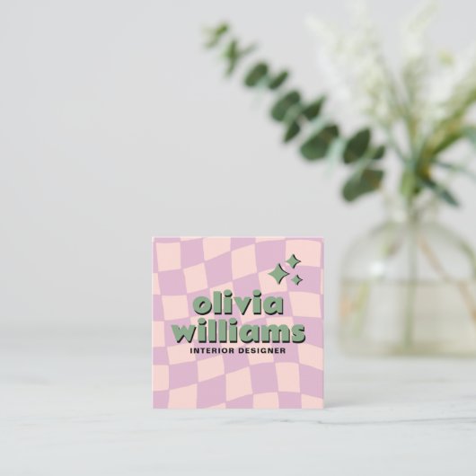 Retro Pink Green Pastel Groovy Checkered Girly Fun Quadratische Visitenkarte (Stehend Vorderseite)