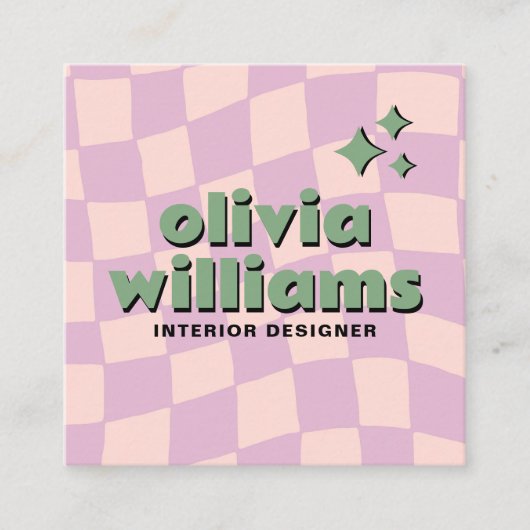 Retro Pink Green Pastel Groovy Checkered Girly Fun Quadratische Visitenkarte (Vorderseite)