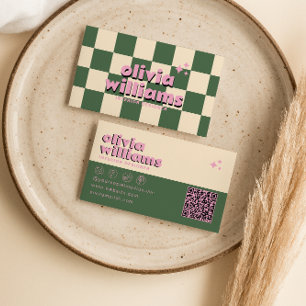 Retro Pink Green QR Code Groovy Checkered Funky Visitenkarte