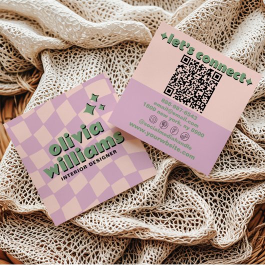 Retro Pink Green QR Code Groovy Checkered Girly Quadratische Visitenkarte