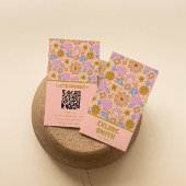 Retro Pink Green QR Code Groovy Floral Girly Visitenkarte