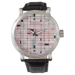 Retro Pink Grid and Starbursts Leather Watch Armbanduhr