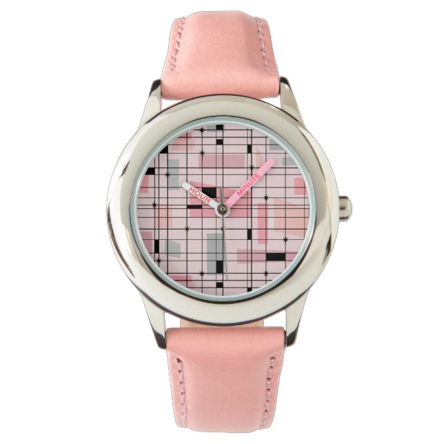 Retro Pink Grid und Sternexplosionen Kinderuhr Armbanduhr (Vorderseite)