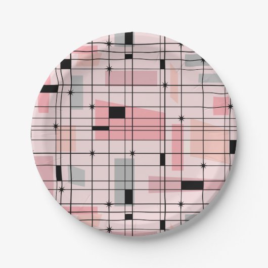 Retro Pink Grid und Sternexplosionen Paper Teller (Vorderseite)