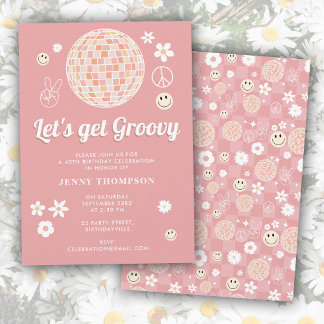 Retro Pink Groovy Checkered Hippie Disco Geburtsta Einladung