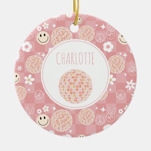 Retro Pink Groovy Checkered Hippie Kinder Mädchen Keramik Ornament (Vorne)