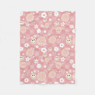 Retro Pink Groovy Checkered Hippie Muster Fleecedecke