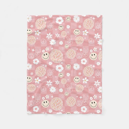 Retro Pink Groovy Checkered Hippie Muster Fleecedecke (Vorderseite)