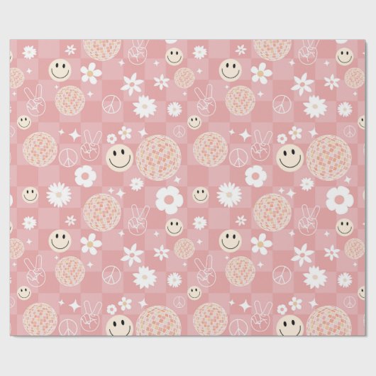 Retro Pink Groovy Checkered Hippie Muster Geschenkpapier (Flach)