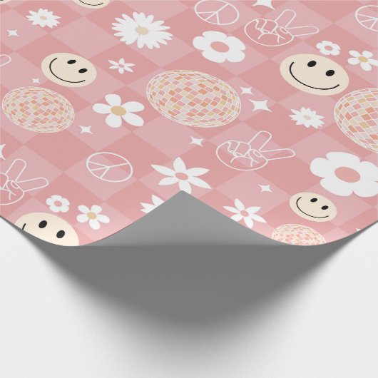 Retro Pink Groovy Checkered Hippie Muster Geschenkpapier (Ecke)