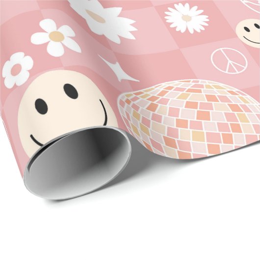 Retro Pink Groovy Checkered Hippie Muster Geschenkpapier (Rolleneckpunkt)
