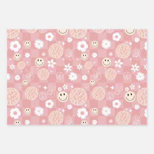 Retro Pink Groovy Checkered Hippie Muster Geschenkpapier Set (Vorderseite 3)