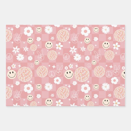 Retro Pink Groovy Checkered Hippie Muster Geschenkpapier Set (Vorderseite 2)