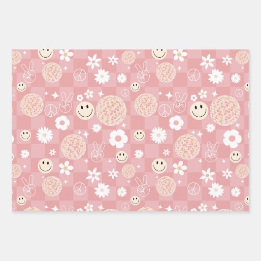 Retro Pink Groovy Checkered Hippie Muster Geschenkpapier Set (Vorderseite)