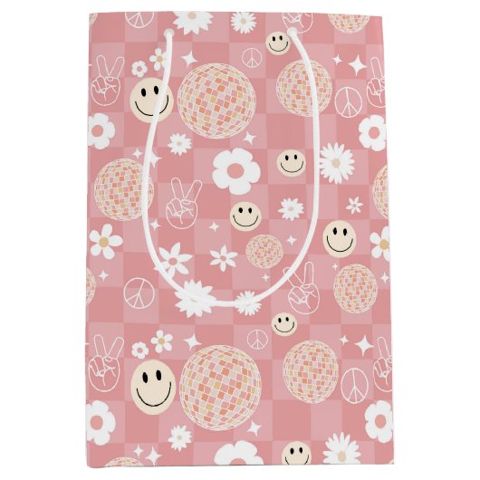 Retro Pink Groovy Checkered Hippie Muster Mittlere Geschenktüte (Vorderseite)