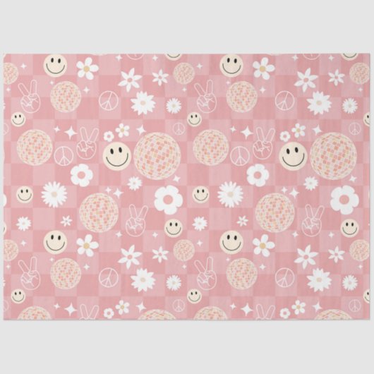 Retro Pink Groovy Checkered Hippie Muster Seidenpapier (Vorderseite)