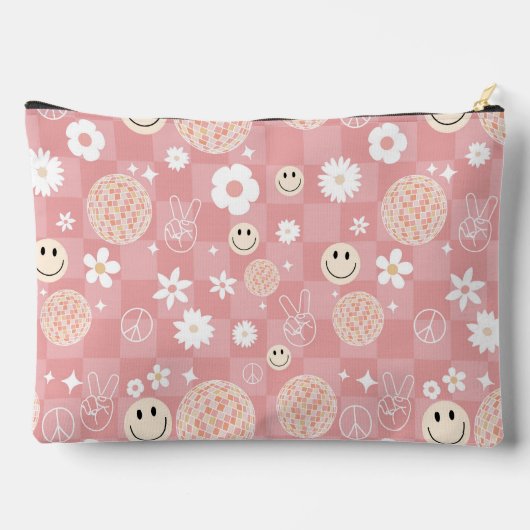 Retro Pink Groovy Checkered Hippie Muster Zubehörtasche (Rückseite)