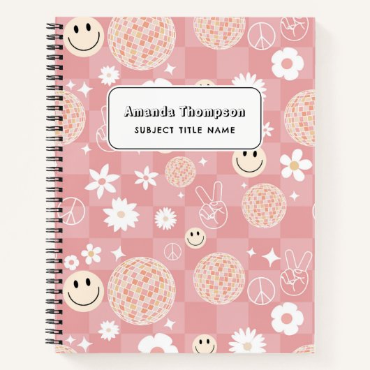 Retro Pink Groovy Checkered Hippie School Notizblock (Vorderseite)