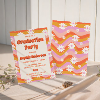 Retro Pink Groovy Daisy Floral Graduation Party  Einladung