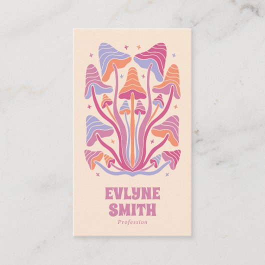 Retro Pink Groovy Mushrooms Girly Boho QR Code Visitenkarte (Vorderseite)