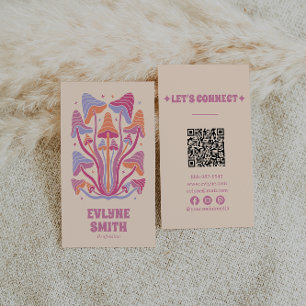 Retro Pink Groovy Mushrooms Girly Boho QR Code Visitenkarte