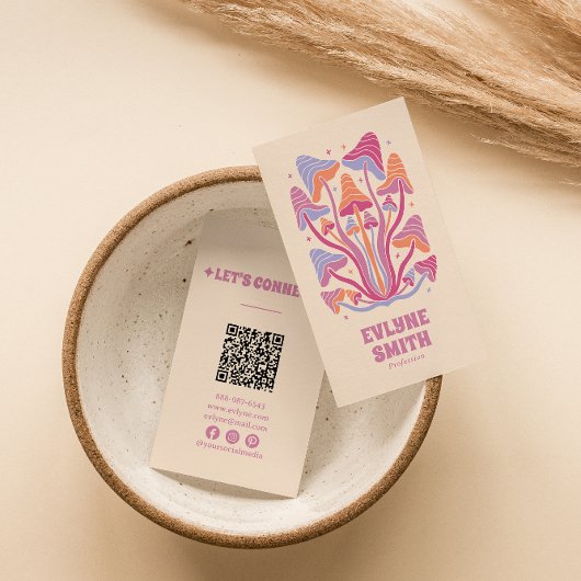 Retro Pink Groovy Mushrooms Girly Boho QR Code Visitenkarte