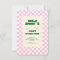 Retro Pink Groovy Schachbrett Sweet 16 Einladung